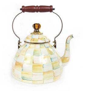 Like New MacKenzie-Childs Parchment Check Enamel Tea Kettle - 3 Quart